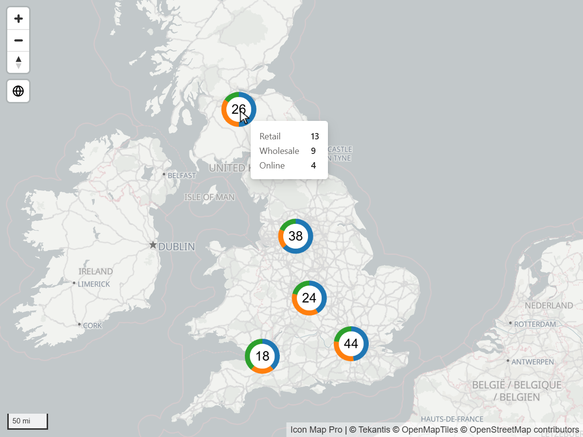 A cluster drawn as a donut chart with a tooltip listing each category and its count