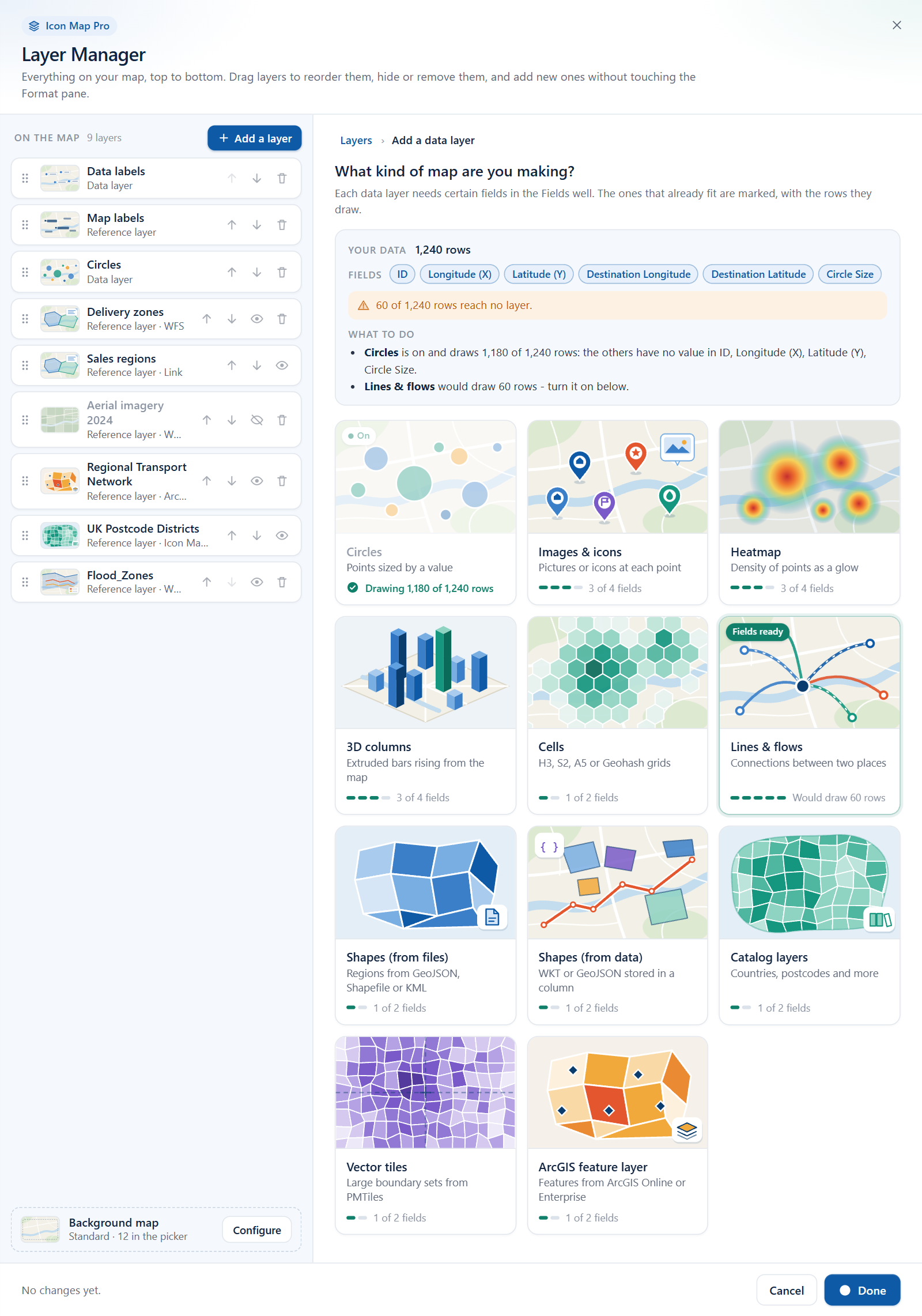 The data layer picker, with the Your data panel above the tiles and badges showing which layer types fit the fields