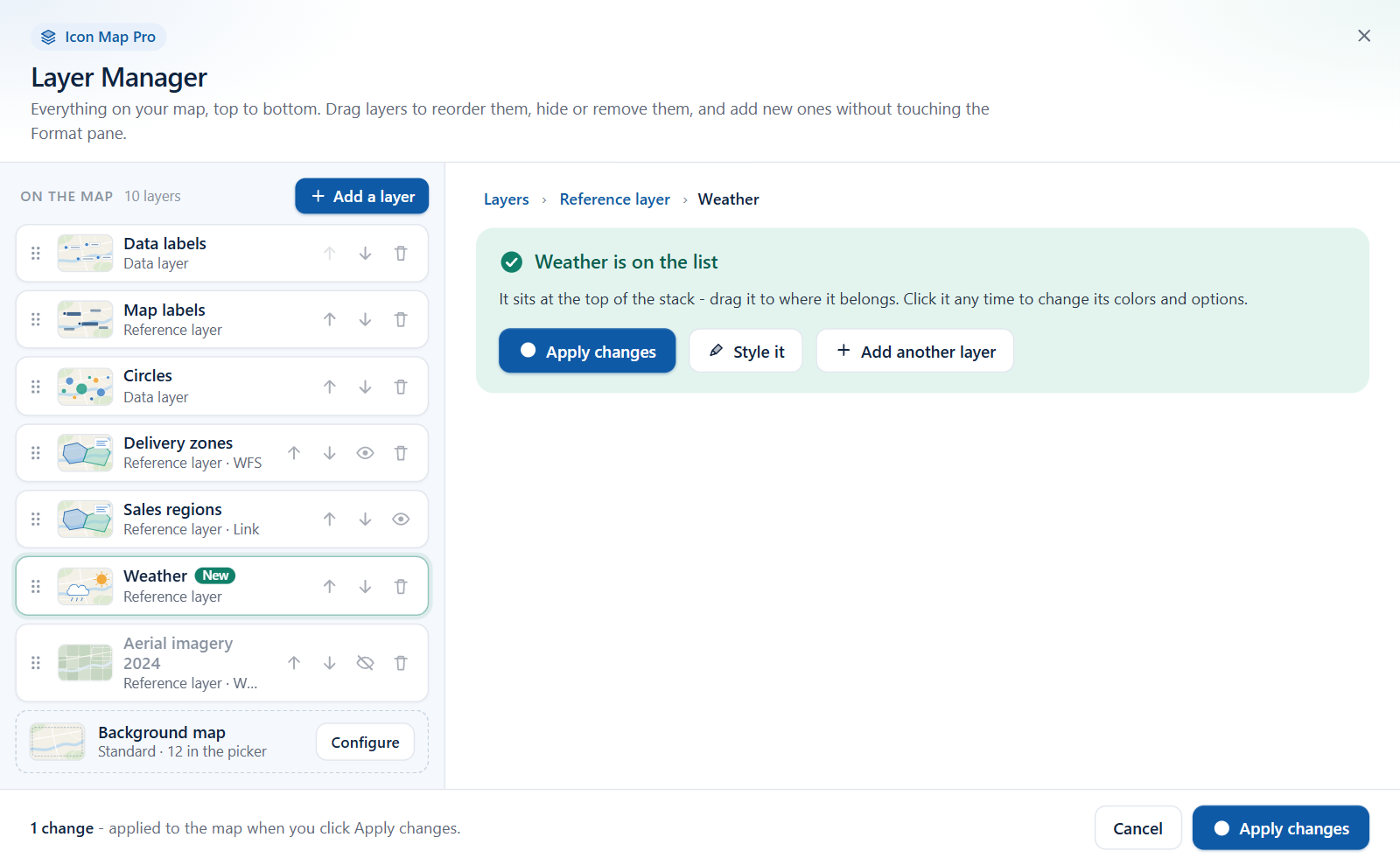 The confirmation after adding a layer, with the buttons Apply changes, Style it and Add another layer