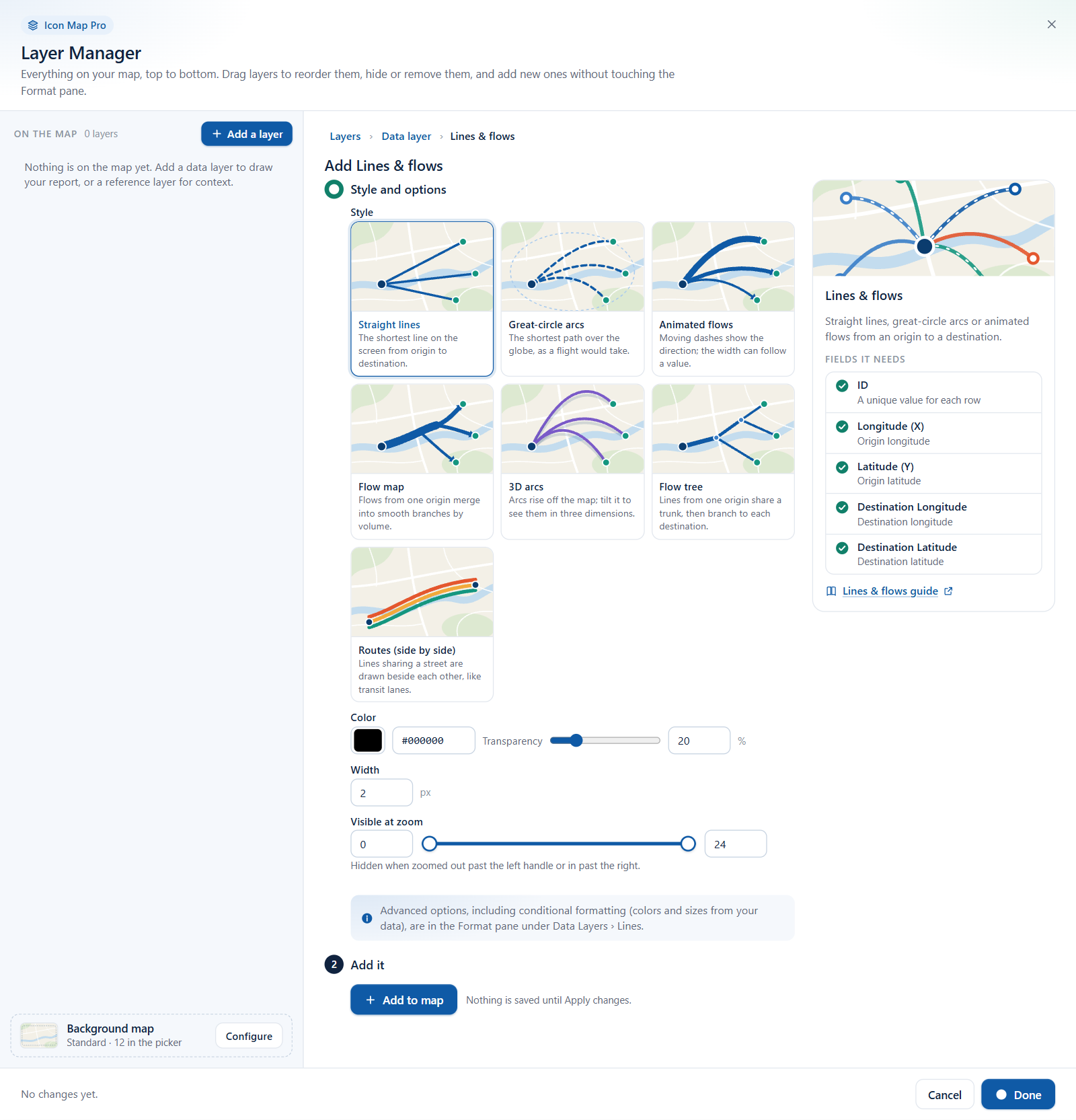 The Lines and flows wizard with the Style picker showing a tile for each line style