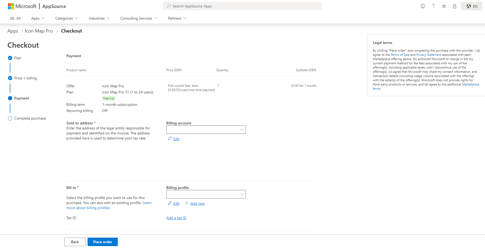 The AppSource payment page