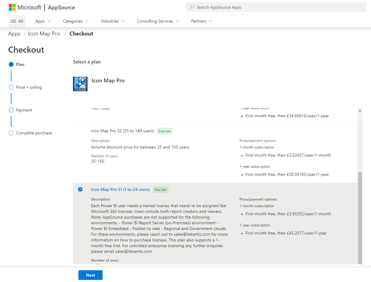 The AppSource checkout plan page listing the Icon Map Pro plans by number of users