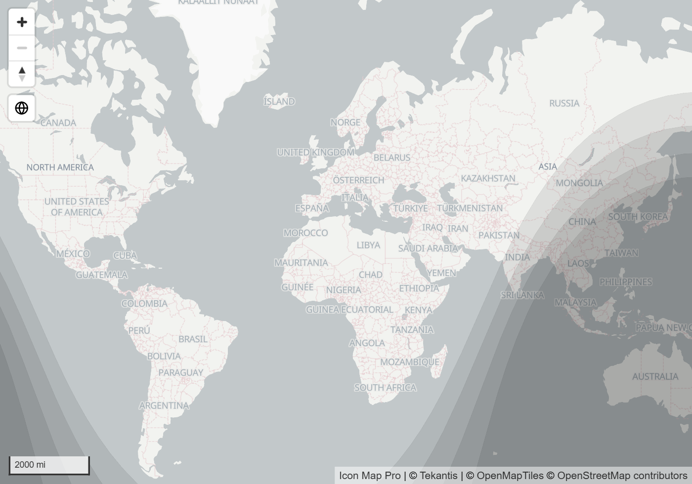 A world map with the night side shaded in soft bands for civil, nautical and astronomical twilight