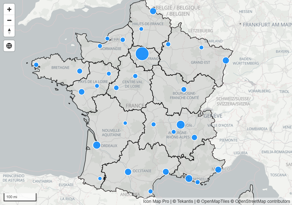Sales territories from a GeoJSON file drawn as outlined polygons under circles from the report's data