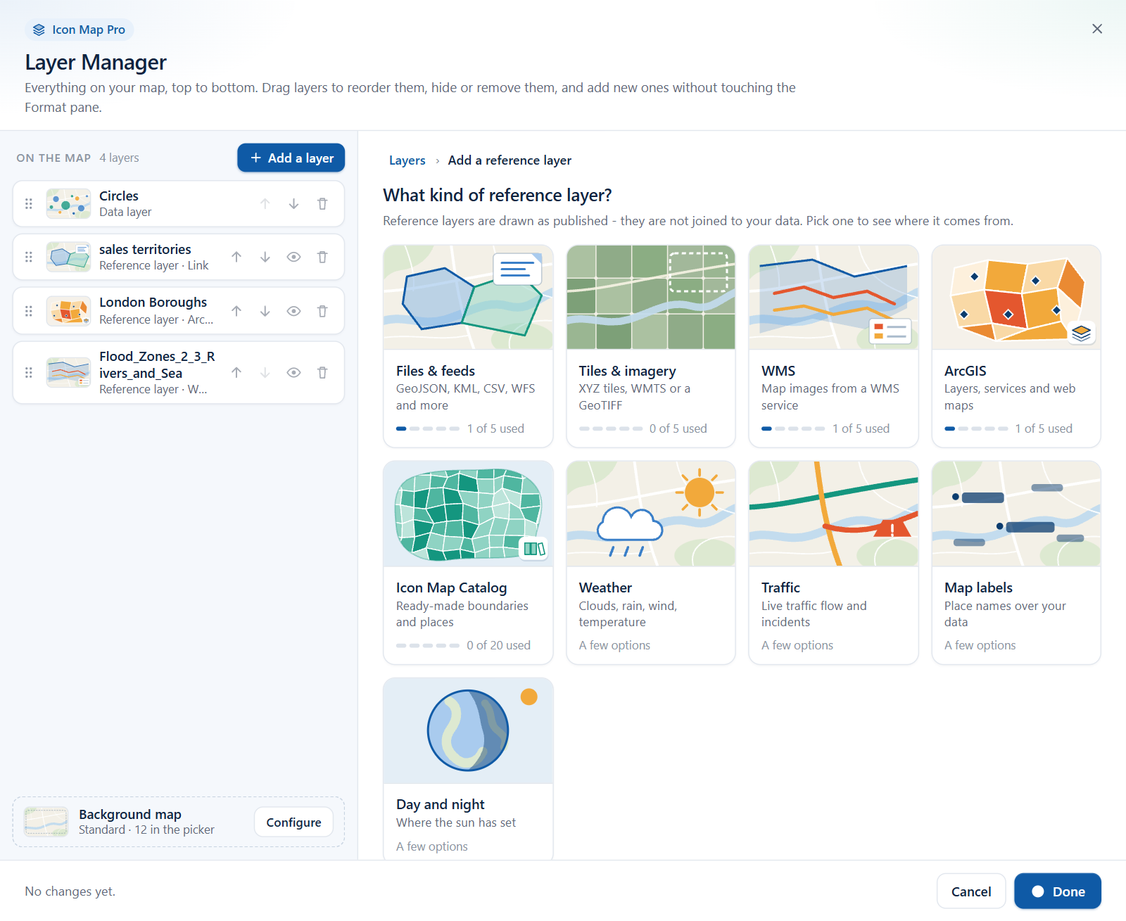 The Layer Manager reference layer picker with a tile for each type of reference layer