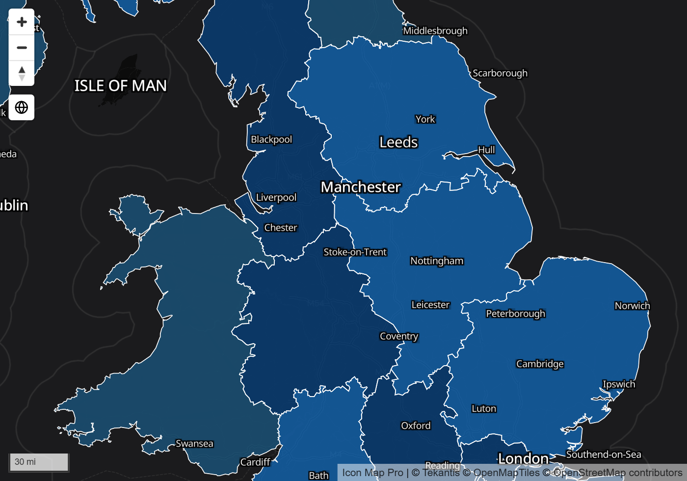 Map labels in the Custom style with white text and a dark halo over a dark choropleth