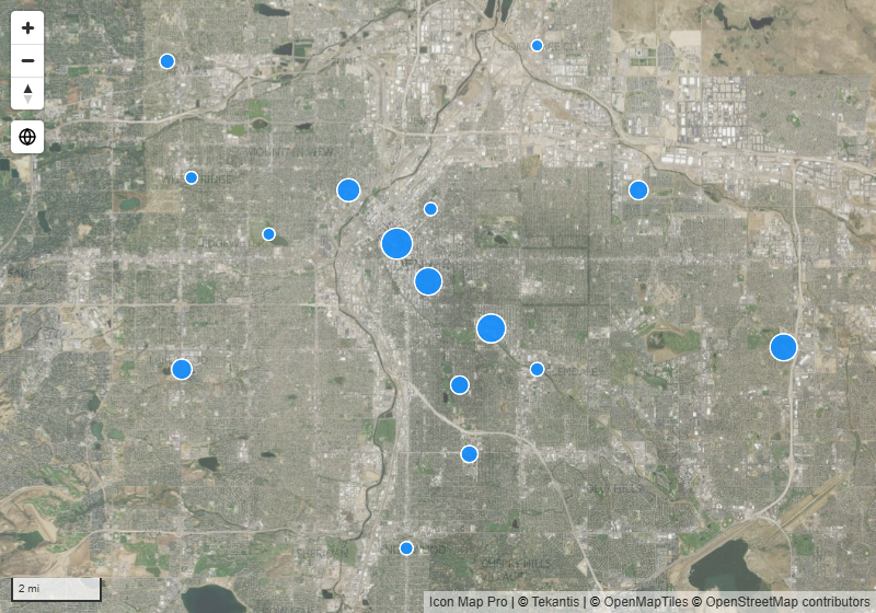An aerial imagery tile layer drawn semi-transparent over the basemap, with circles from the report's data on top