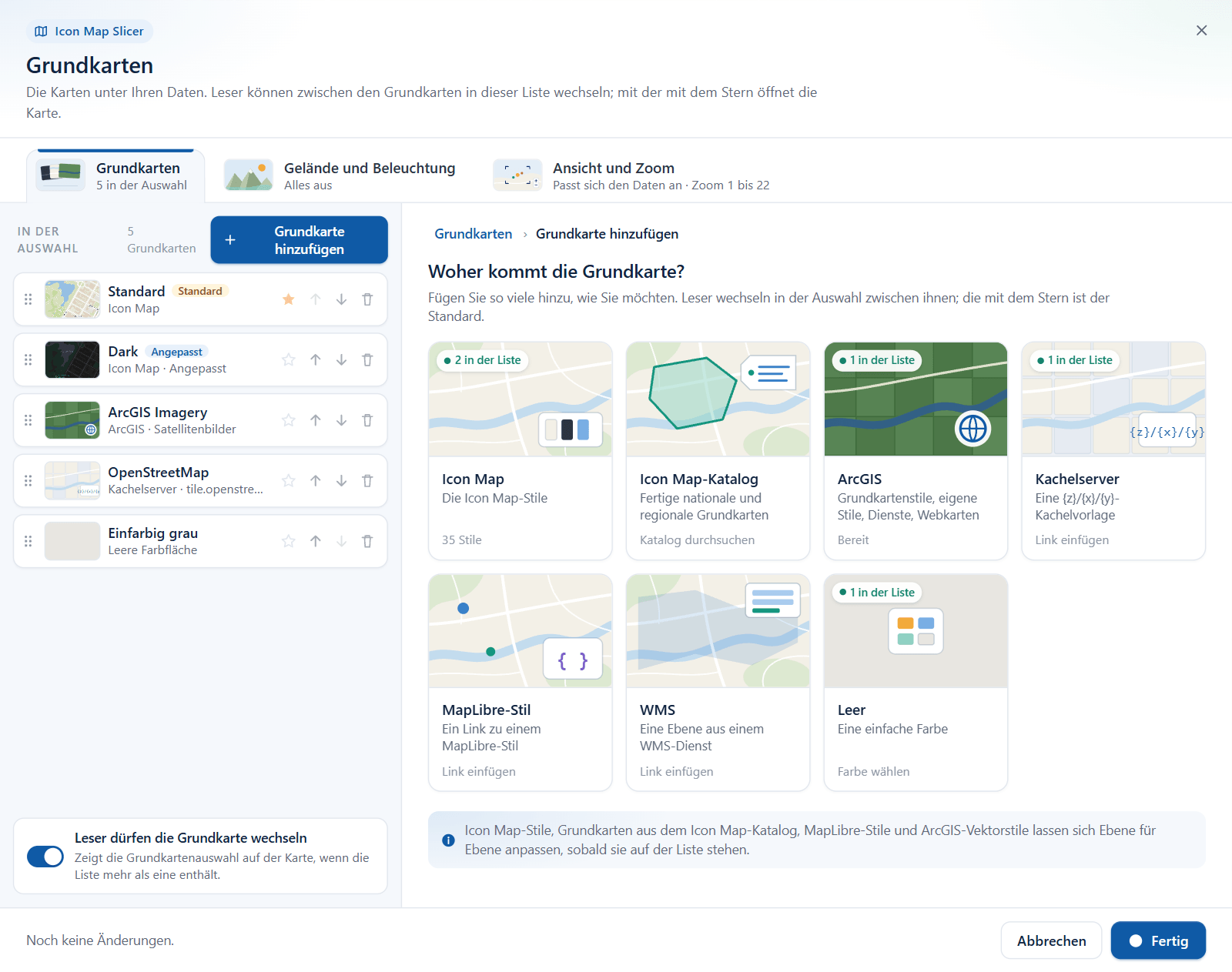 Der Bildschirm zum Hinzufügen mit sieben Kacheln: Icon Map, Icon Map-Katalog, ArcGIS, Kachelserver, MapLibre-Stil, WMS und Leer