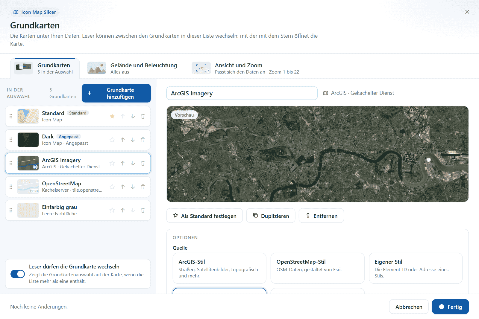 Die Bearbeitungsansicht eines gekachelten ArcGIS-Dienstes: Name, Live-Vorschau, die Schaltflächen Als Standard festlegen, Duplizieren und Entfernen und seine Optionen