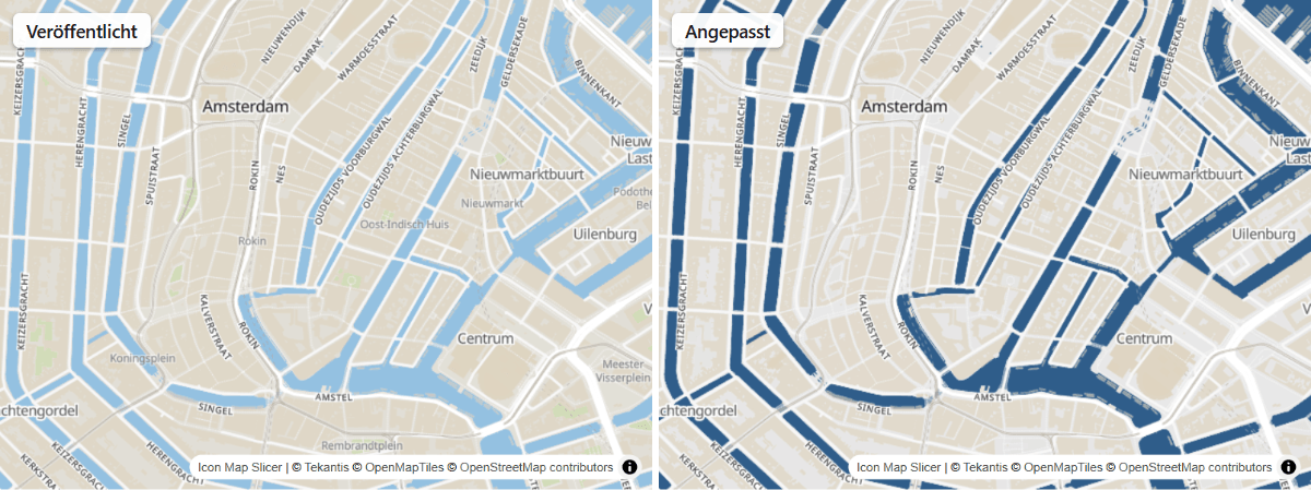 Der Stil Standard vor und nach dem Anpassen: gedämpftes Land, dunkleres Wasser und keine Points of Interest