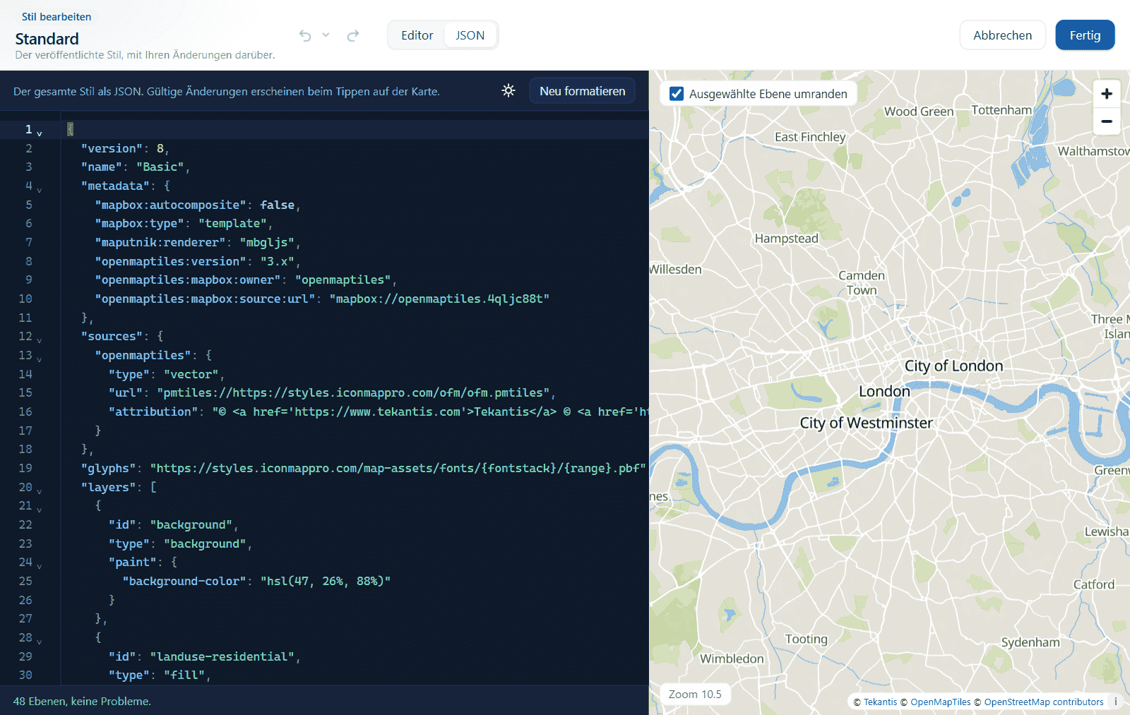 Die JSON-Ansicht eines Stils mit Zeilennummern und der Live-Vorschau daneben