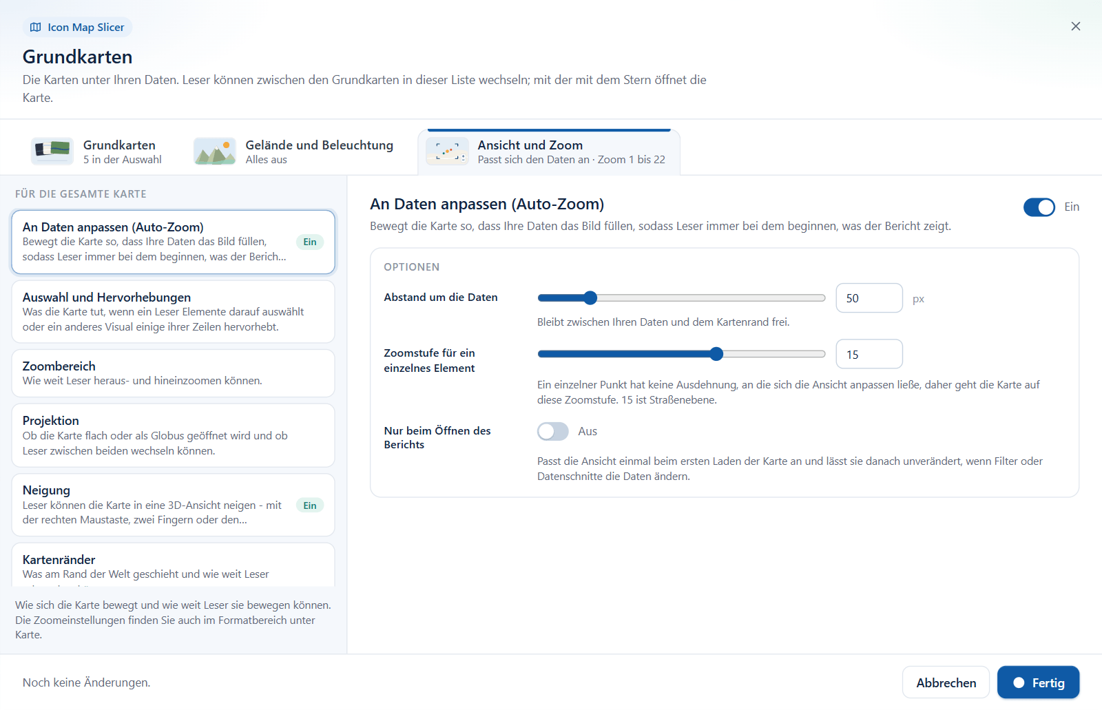 Die Registerkarte Ansicht und Zoom des Grundkarten-Dialogs mit dem Abschnitt An Daten anpassen
