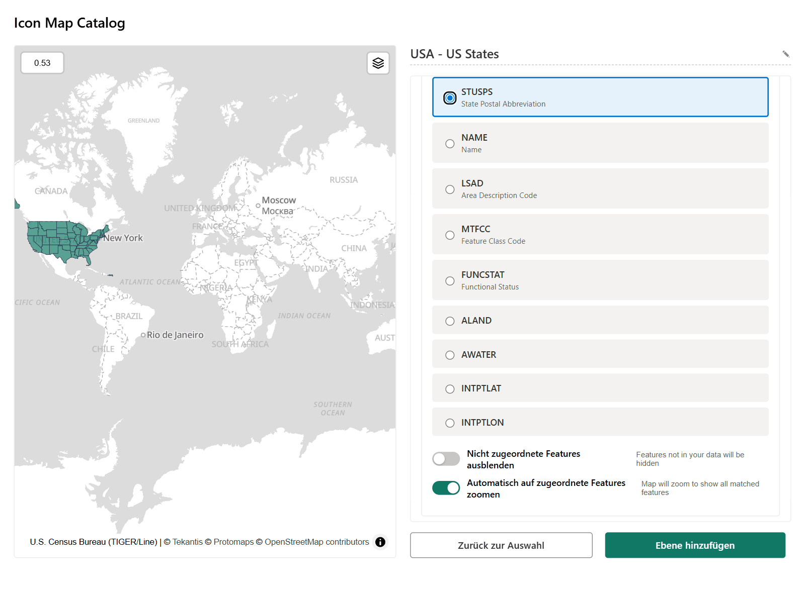 Das Katalogfenster mit der Ebene US States, geöffnet bei ihren Optionen zur Datenbindung: Das Feld mit dem Bundesstaatcode ist gewählt, darunter Nicht zugeordnete Features ausblenden und Automatisch auf zugeordnete Features zoomen