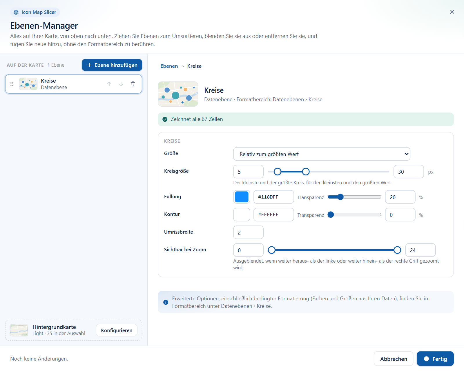 Der Editor für Kreise im Ebenen-Manager