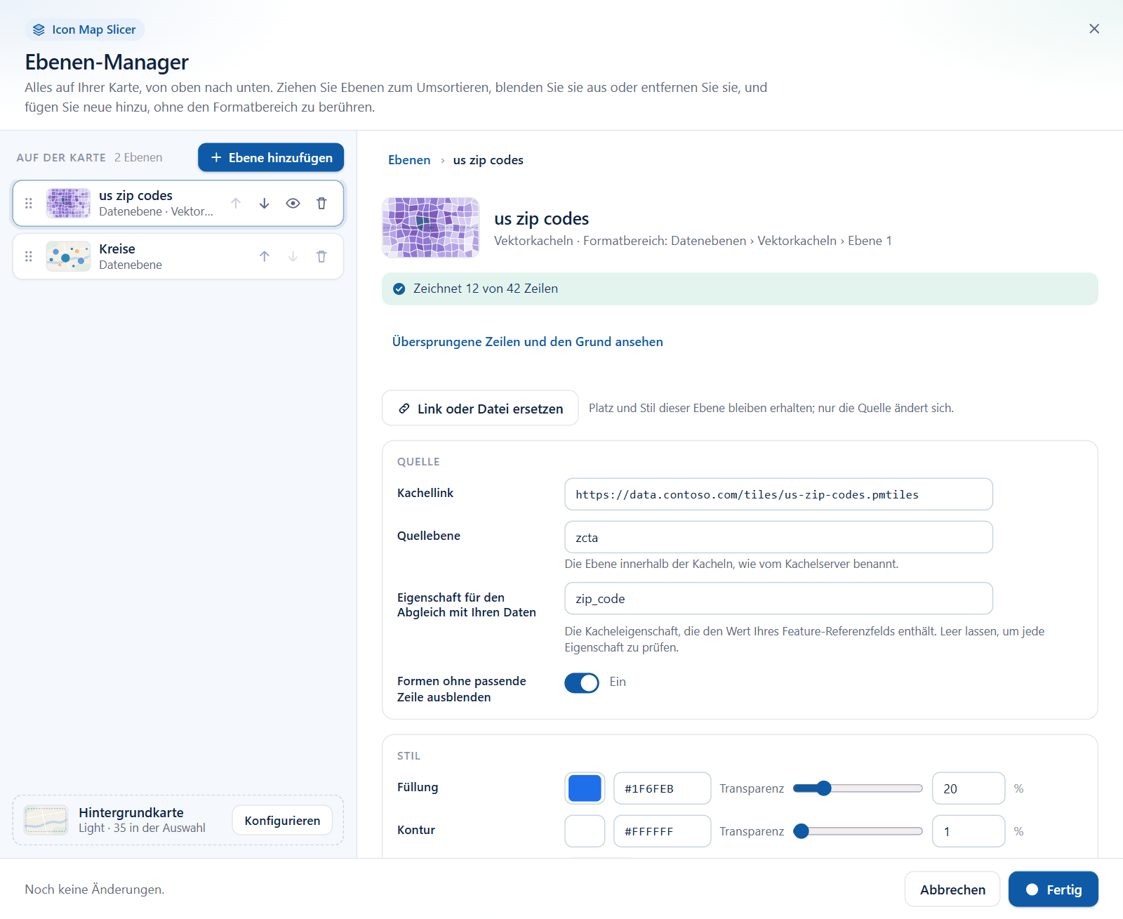 Der Editor für Vektorkacheln im Ebenen-Manager, mit Kachellink, Quellebene und Eigenschaft für den Abgleich