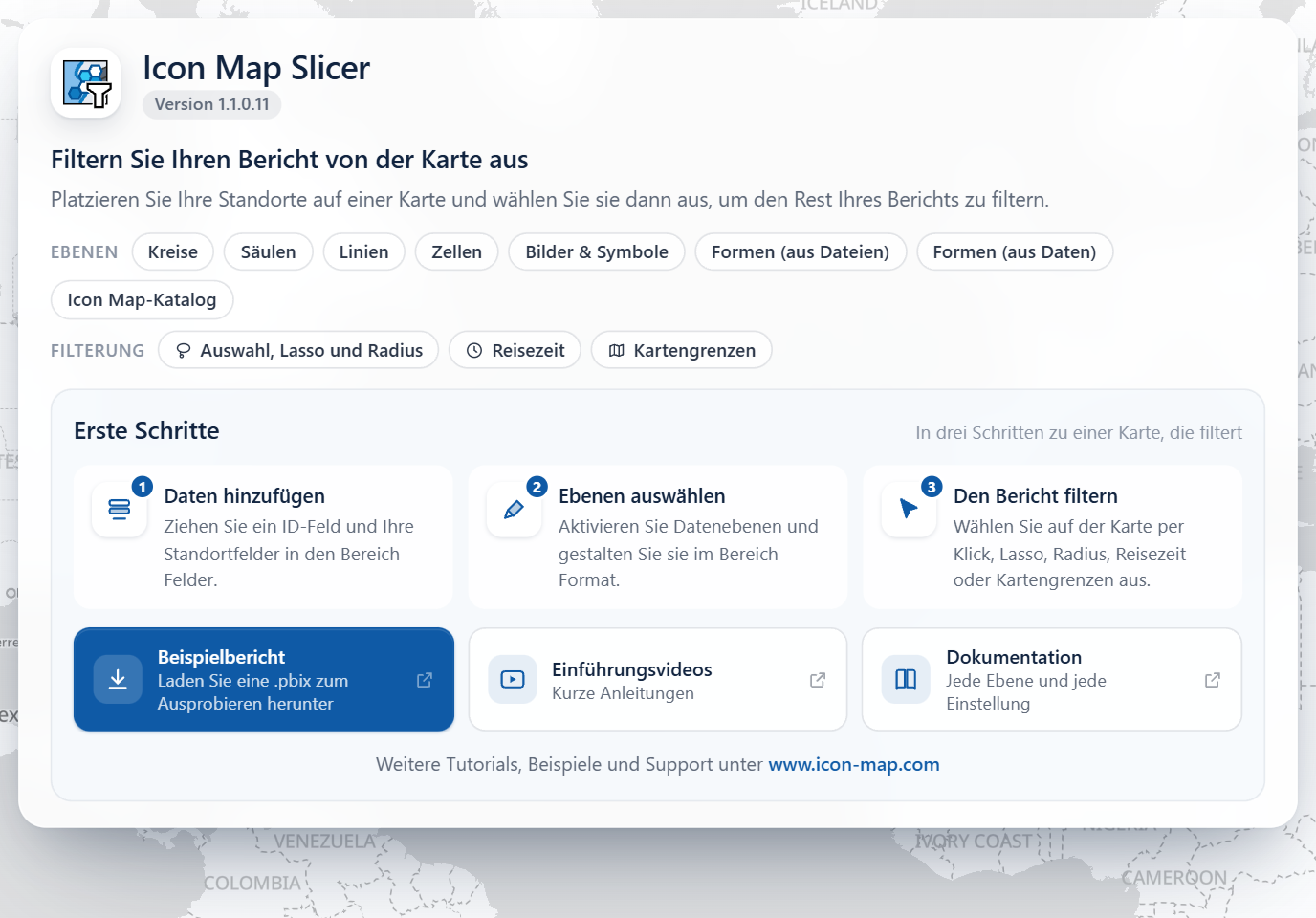 Die Startseite von Icon Map Slicer in einem leeren Visual