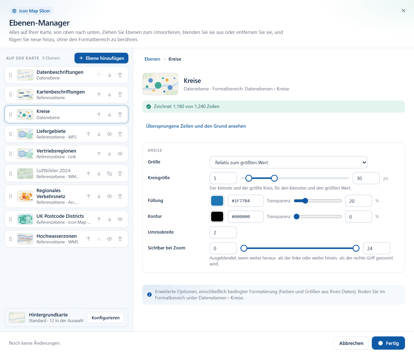 Der Editor für eine Ebene Kreise, mit Feldern für Größe, Füllung, Kontur und Zoom
