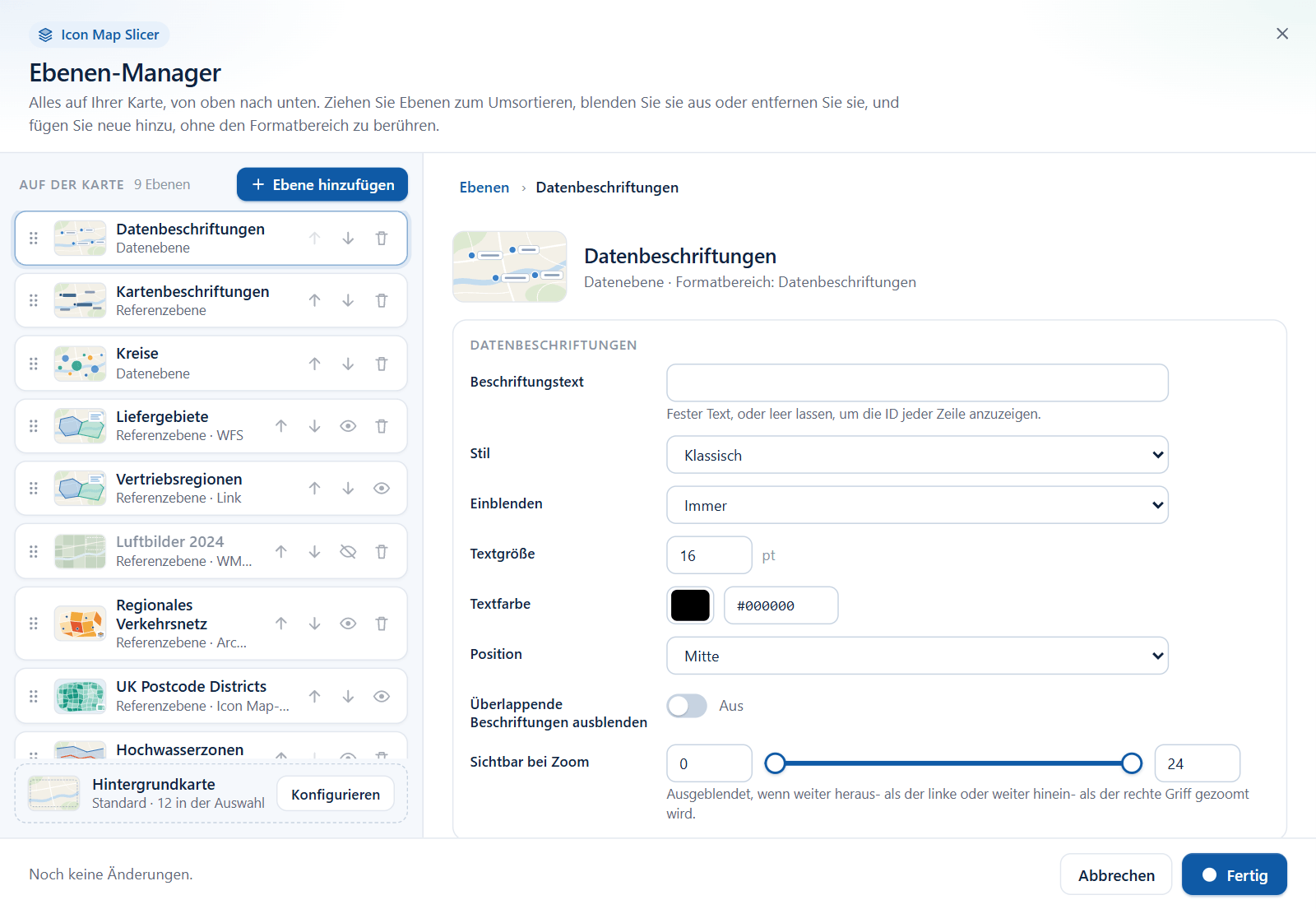 Der Editor für Datenbeschriftungen, mit Feldern für Beschriftungstext, Stil, Anzeigezeitpunkt, Größe, Farbe, Position und Zoom