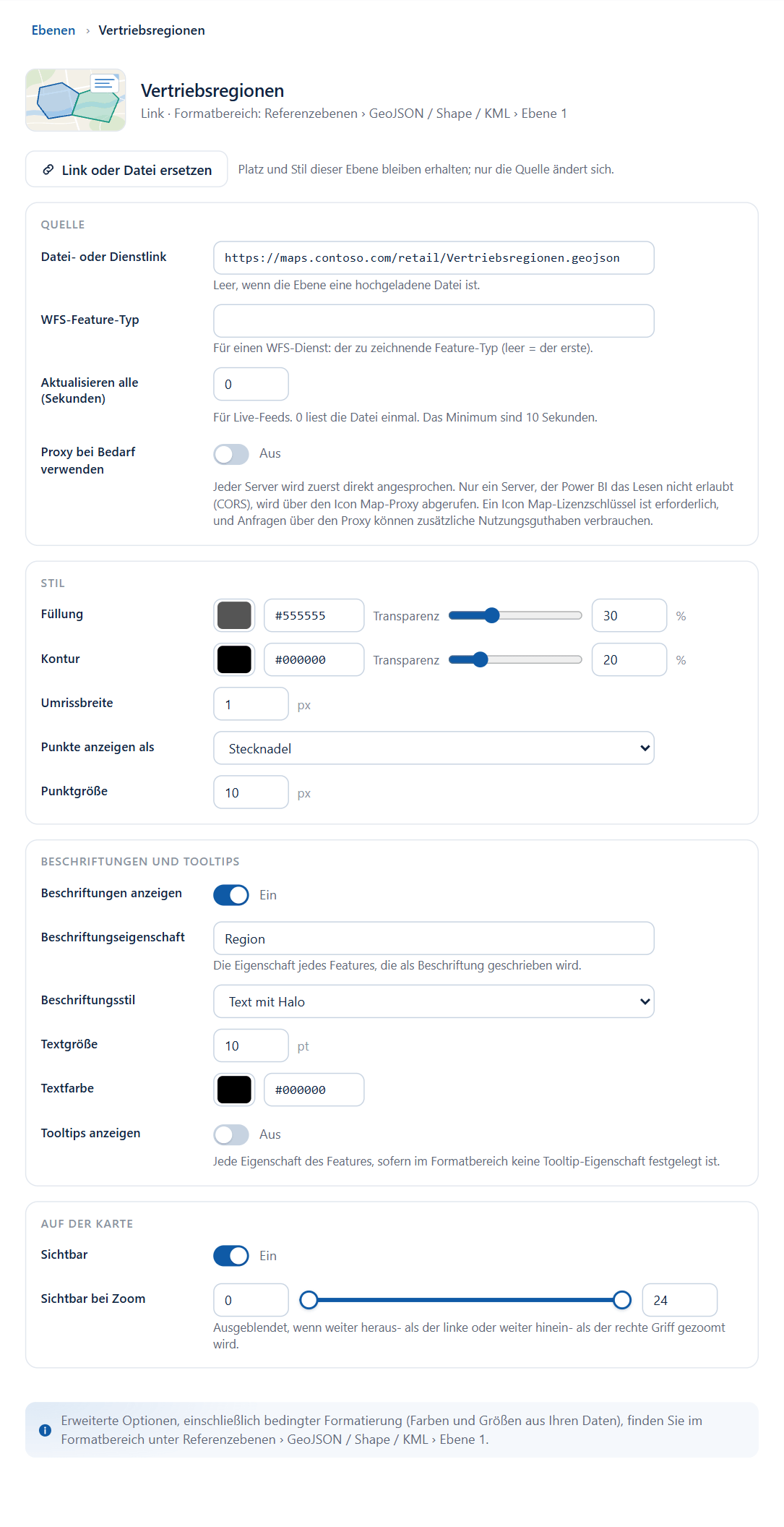 Der Editor für eine Ebene Dateien und Feeds, mit der Schaltfläche Link oder Datei ersetzen über den Abschnitten Quelle, Stil, Beschriftungen und Tooltips sowie Auf der Karte