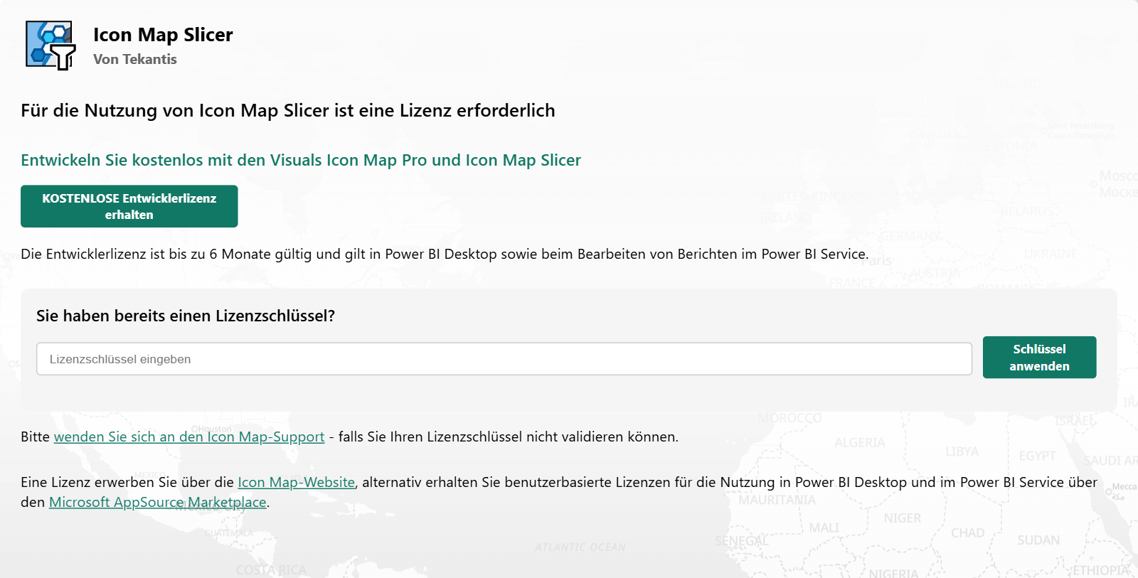Die Lizenzmeldung auf einer nicht lizenzierten Karte beim Bearbeiten, mit der Schaltfläche KOSTENLOSE Entwicklerlizenz erhalten und dem Feld für einen vorhandenen Lizenzschlüssel