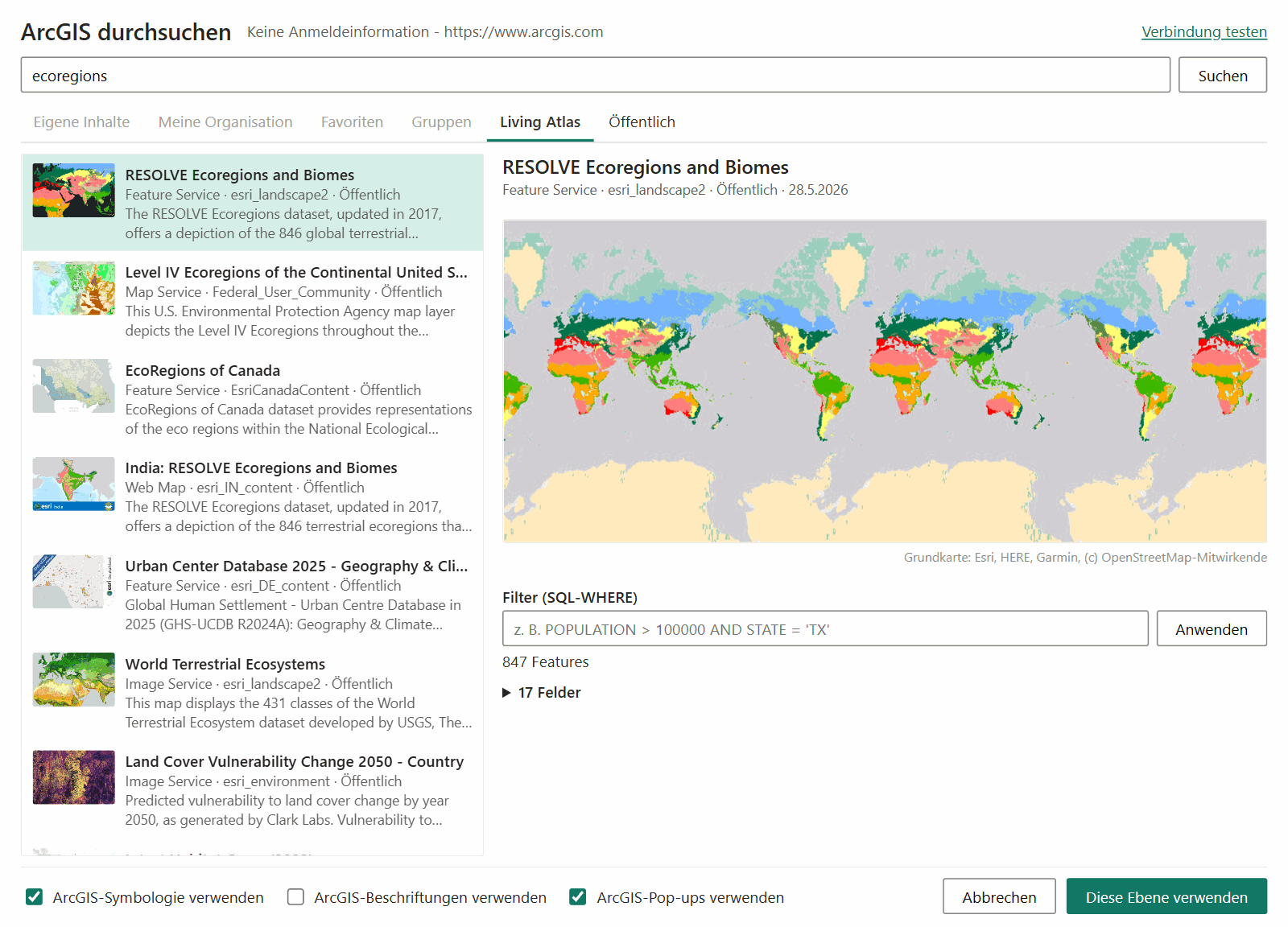 Das Fenster ArcGIS durchsuchen mit den Registerkarten, einer Ergebnisliste links und einer Vorschau des ausgewählten Feature-Layers rechts