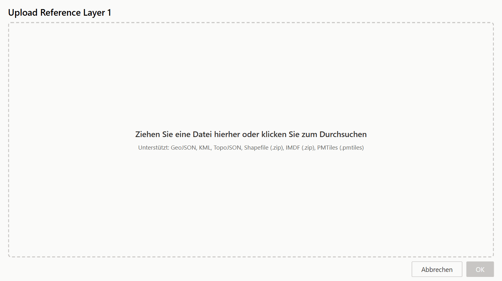 Das Upload-Fenster mit einem Ablagebereich und der Liste der unterstützten Dateitypen