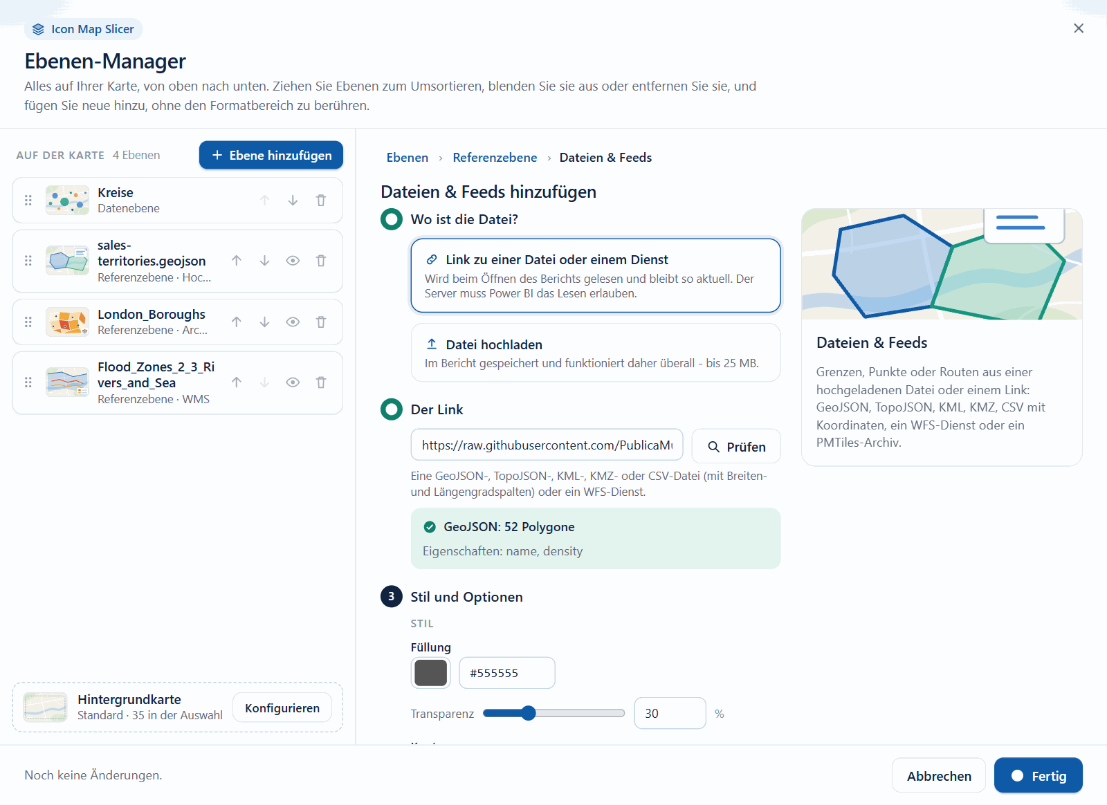 Der Assistent Dateien und Feeds des Ebenen-Managers nach einer Linkprüfung mit Format, Anzahl der Features und Eigenschaftsnamen