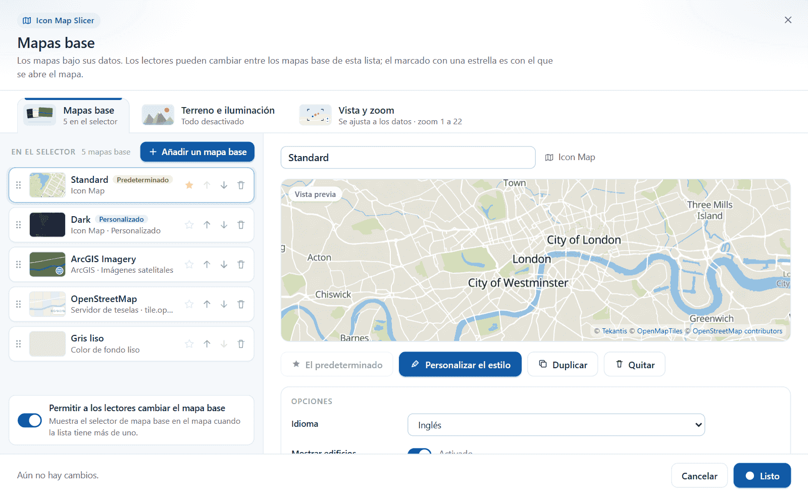 El cuadro de diálogo Mapas base con una lista de mapas base a la izquierda y una vista previa del mapa base seleccionado a la derecha