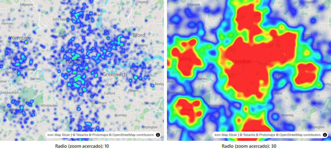 El mismo mapa de calor con un radio pequeño y con un radio grande