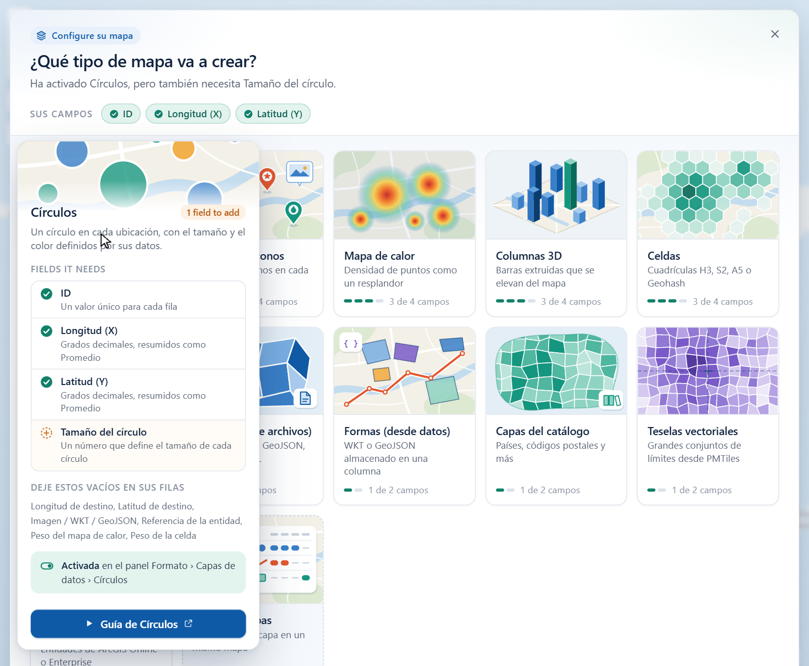 La guía de capas con el mosaico Círculos expandido, con ID, Longitud y Latitud marcados y Tamaño del círculo pendiente de añadir