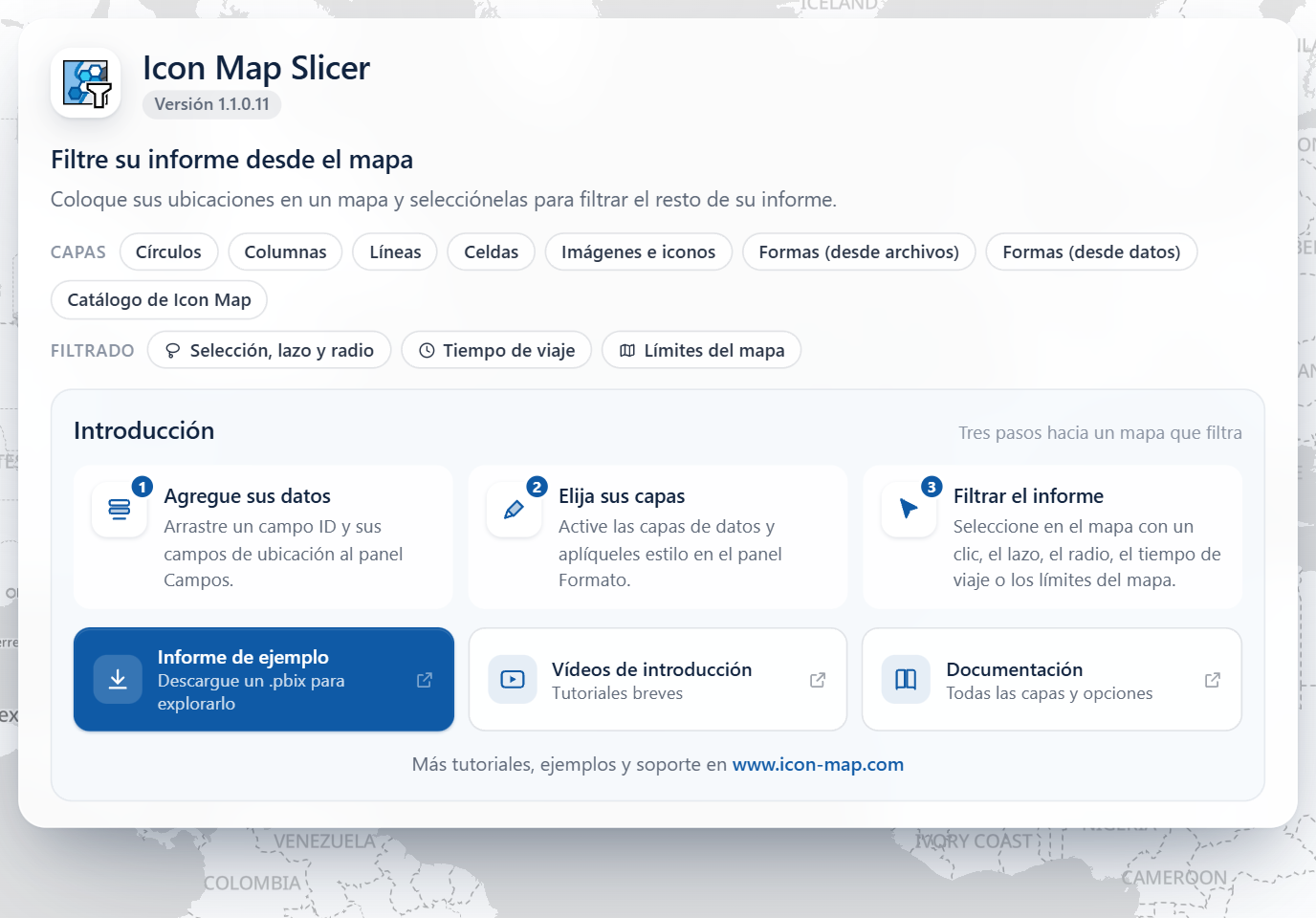 La página de inicio de Icon Map Slicer en un objeto visual vacío