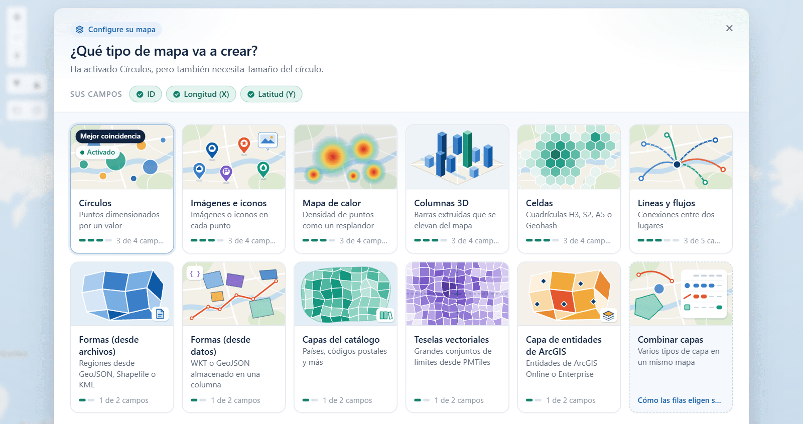 La guía ¿Qué tipo de mapa va a crear? sobre el mapa, con un mosaico para cada tipo de capa y los campos que ya están en el objeto visual