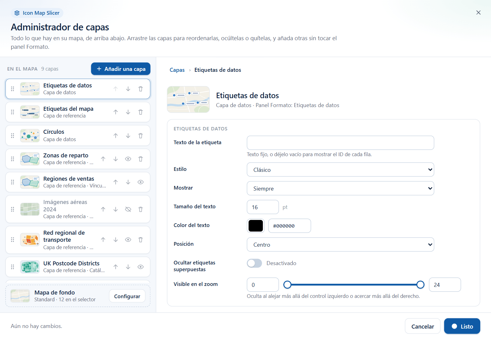 El editor de las etiquetas de datos, con campos de texto de la etiqueta, estilo, cuándo mostrar, tamaño, color, posición y zoom