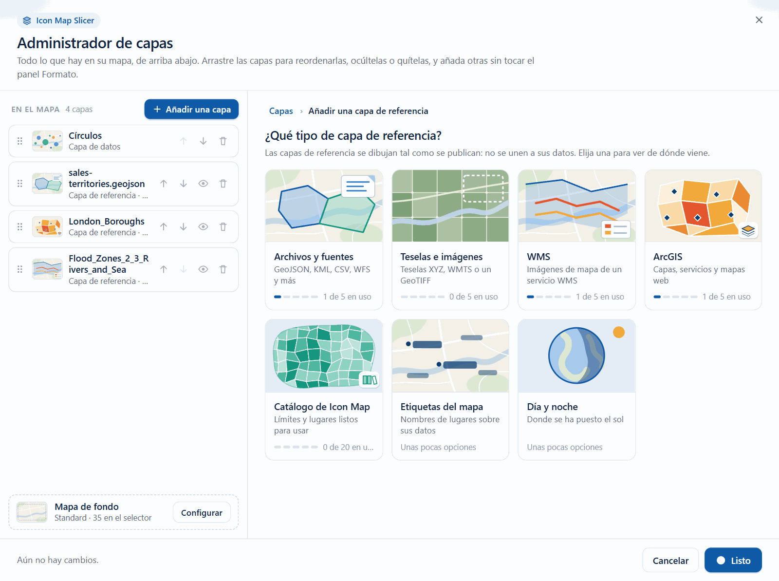 El selector de capas de referencia del Administrador de capas con un mosaico para cada tipo de capa de referencia