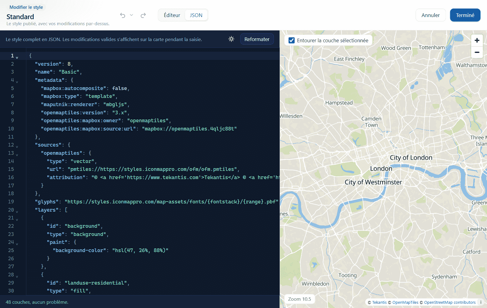 La vue JSON d'un style avec les numéros de ligne et l'aperçu en direct à côté