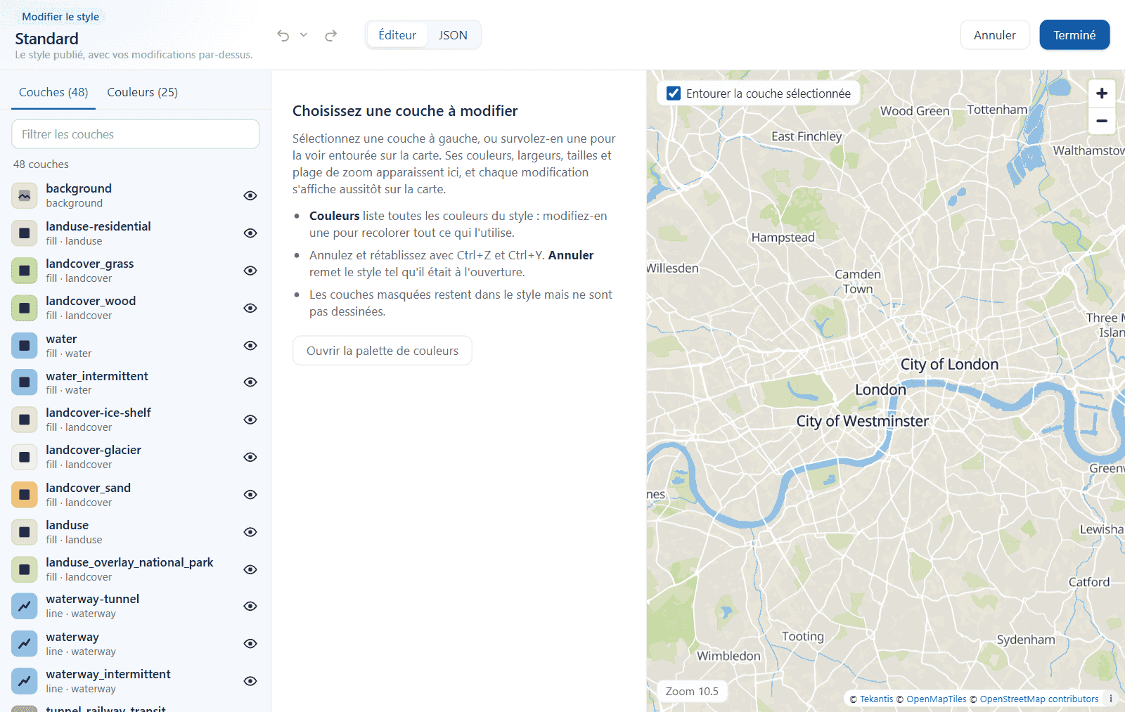 L'éditeur de style : la liste des couches à gauche, les propriétés de la couche sélectionnée au milieu et une carte d'aperçu en direct à droite