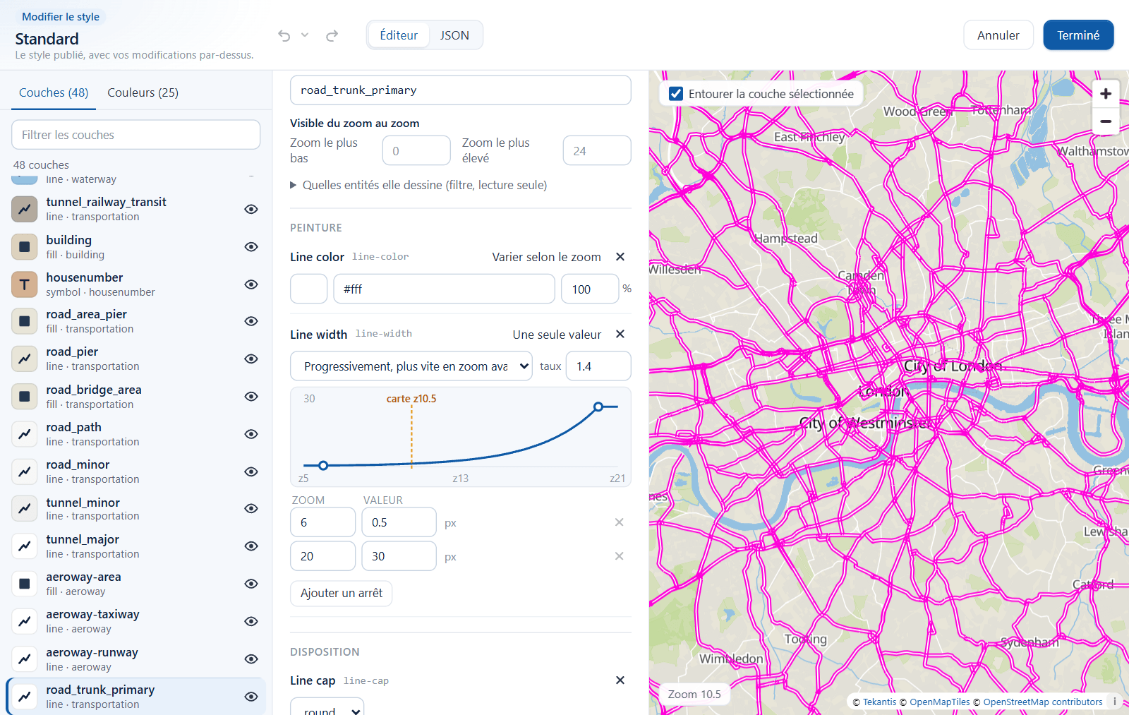 Une propriété de largeur de ligne variant selon le zoom, avec une table d'arrêts et un graphique