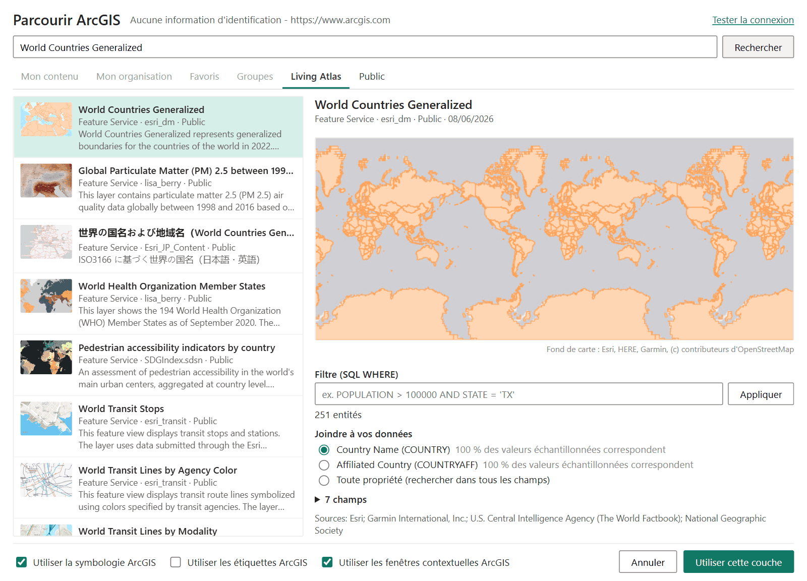 Parcourir ArcGIS avec l'aperçu d'une couche d'entités et la liste Joindre à vos données qui affiche les pourcentages de correspondance de chaque champ