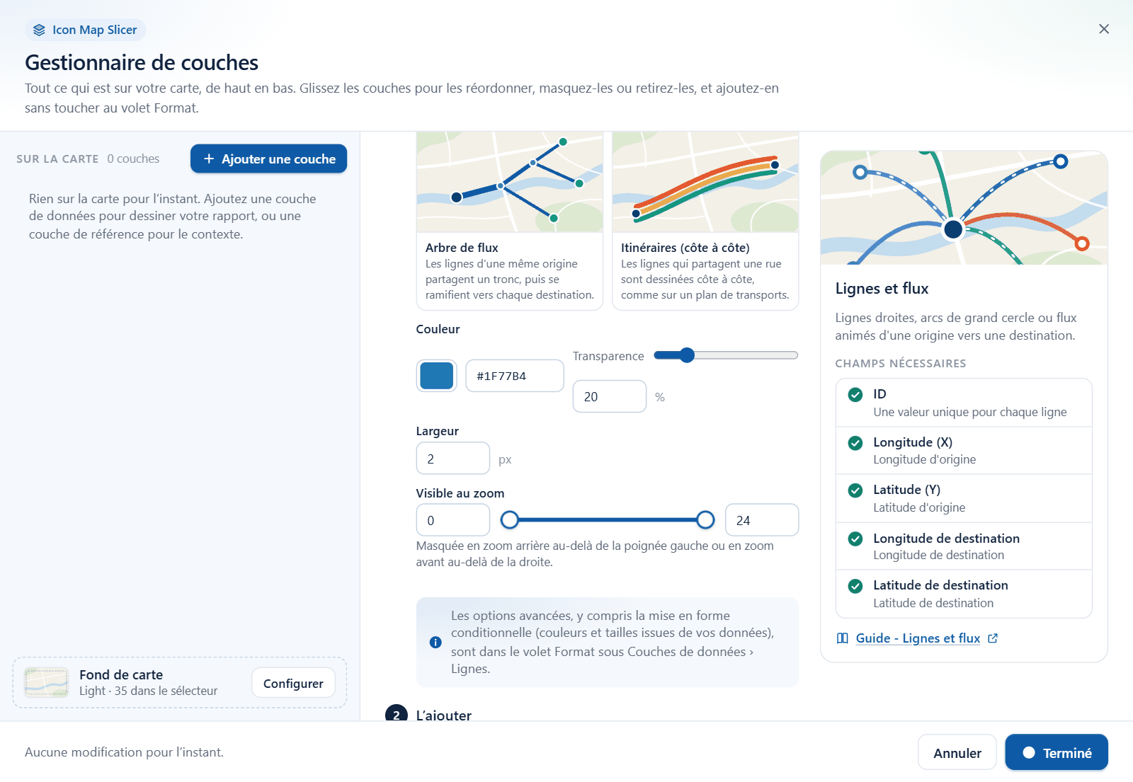 L'assistant d'ajout du Gestionnaire de couches pour Lignes et flux, avec les options Couleur, Largeur et Visible au zoom et la liste des champs dont la couche a besoin
