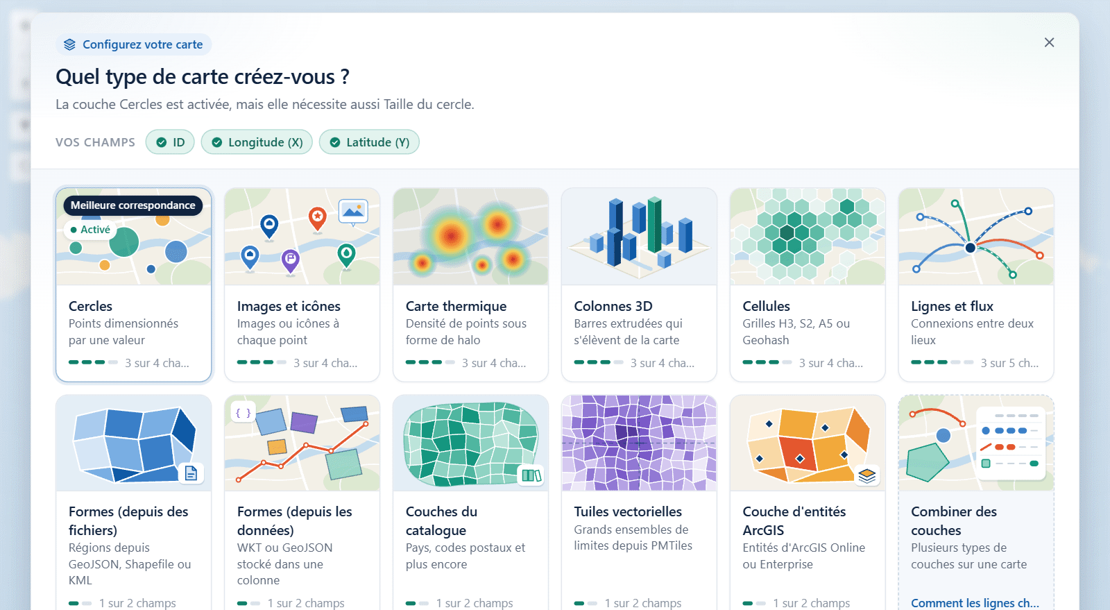 Le guide des couches sur la carte, intitulé Quel type de carte créez-vous, avec une vignette pour chaque type de couche