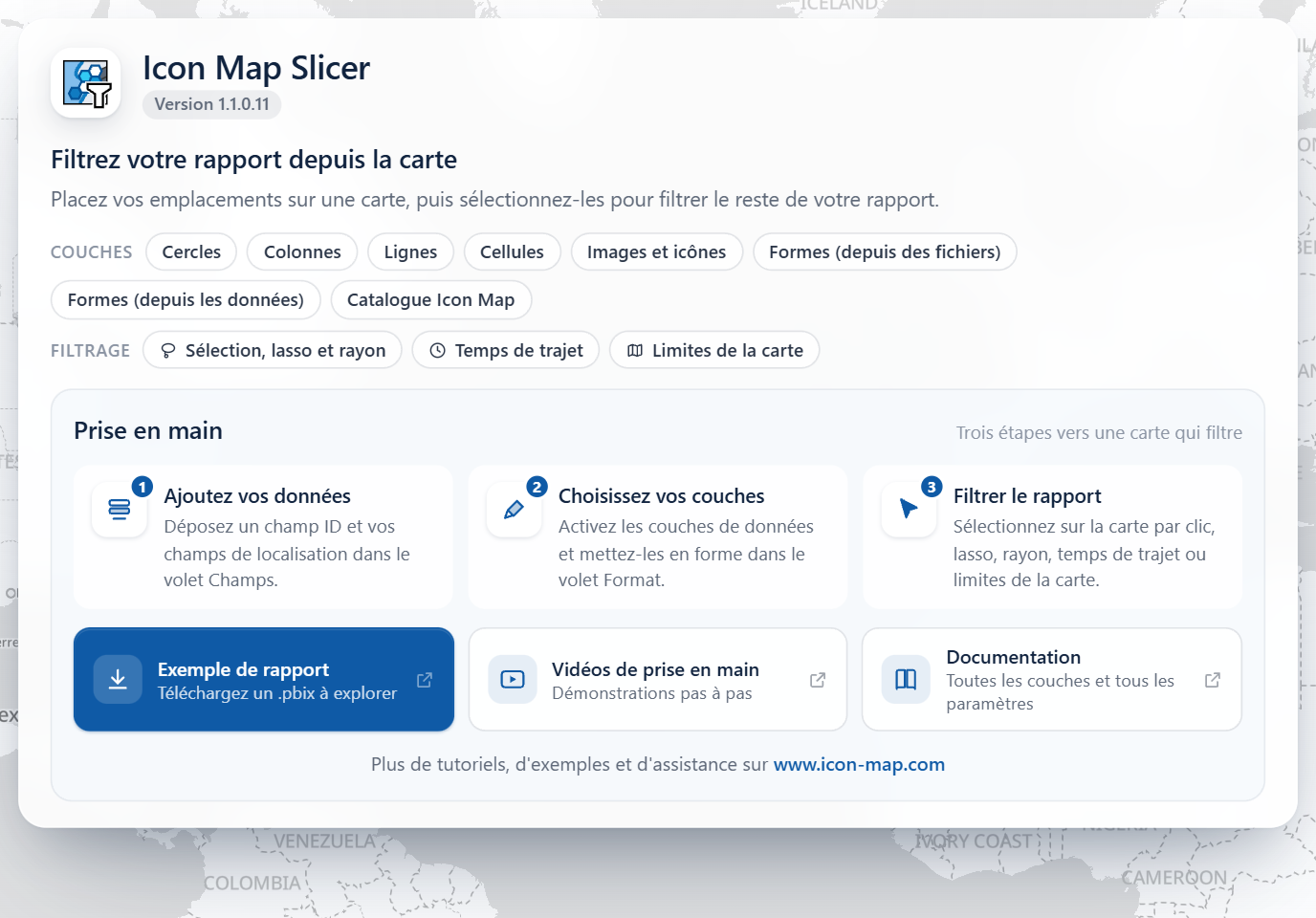La page de démarrage d'Icon Map Slicer dans un visuel vide