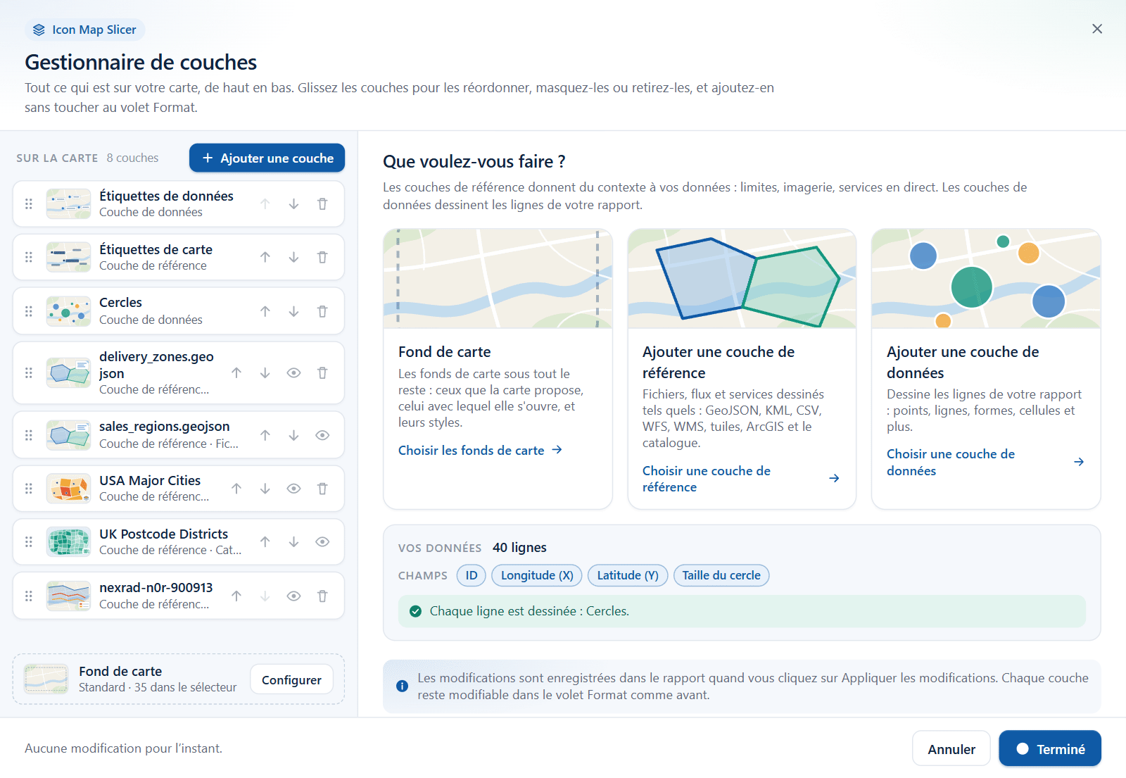 La boîte de dialogue Gestionnaire de couches listant les couches d'une carte, avec la vue d'accueil qui propose d'ajouter une couche de référence ou une couche de données