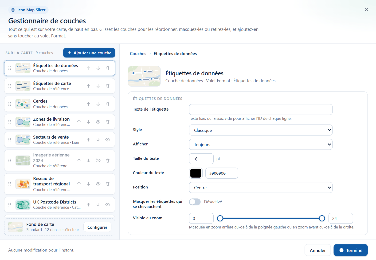 Le Gestionnaire de couches avec la ligne Étiquettes de données sélectionnée et son éditeur ouvert à droite