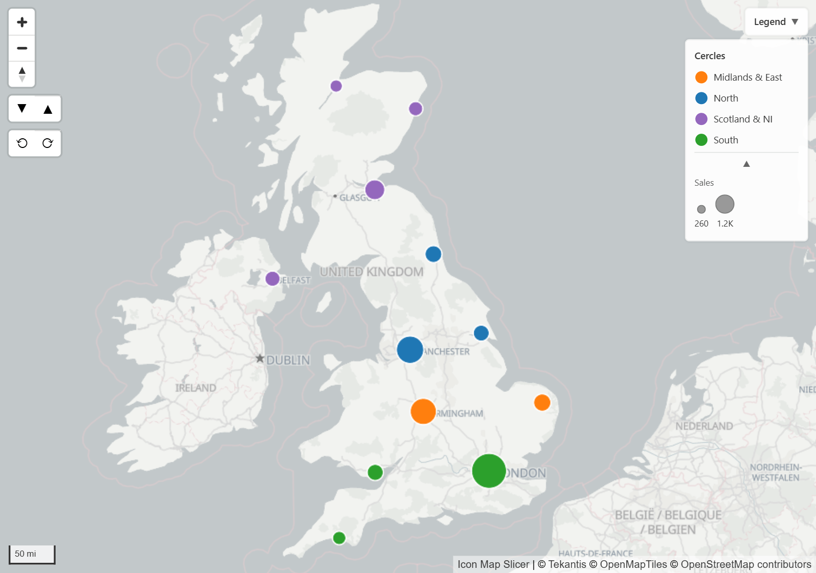 Une carte de cercles colorés avec, dans l'angle supérieur droit, un panneau de légende listant chaque catégorie avec sa couleur et une échelle de tailles