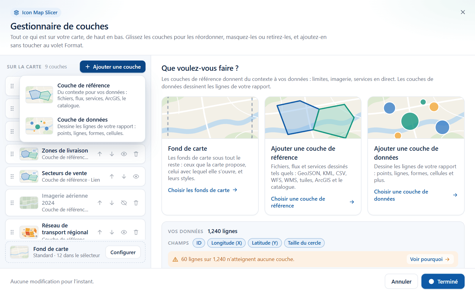 Le menu Ajouter une couche ouvert, montrant Couche de référence et Couche de données