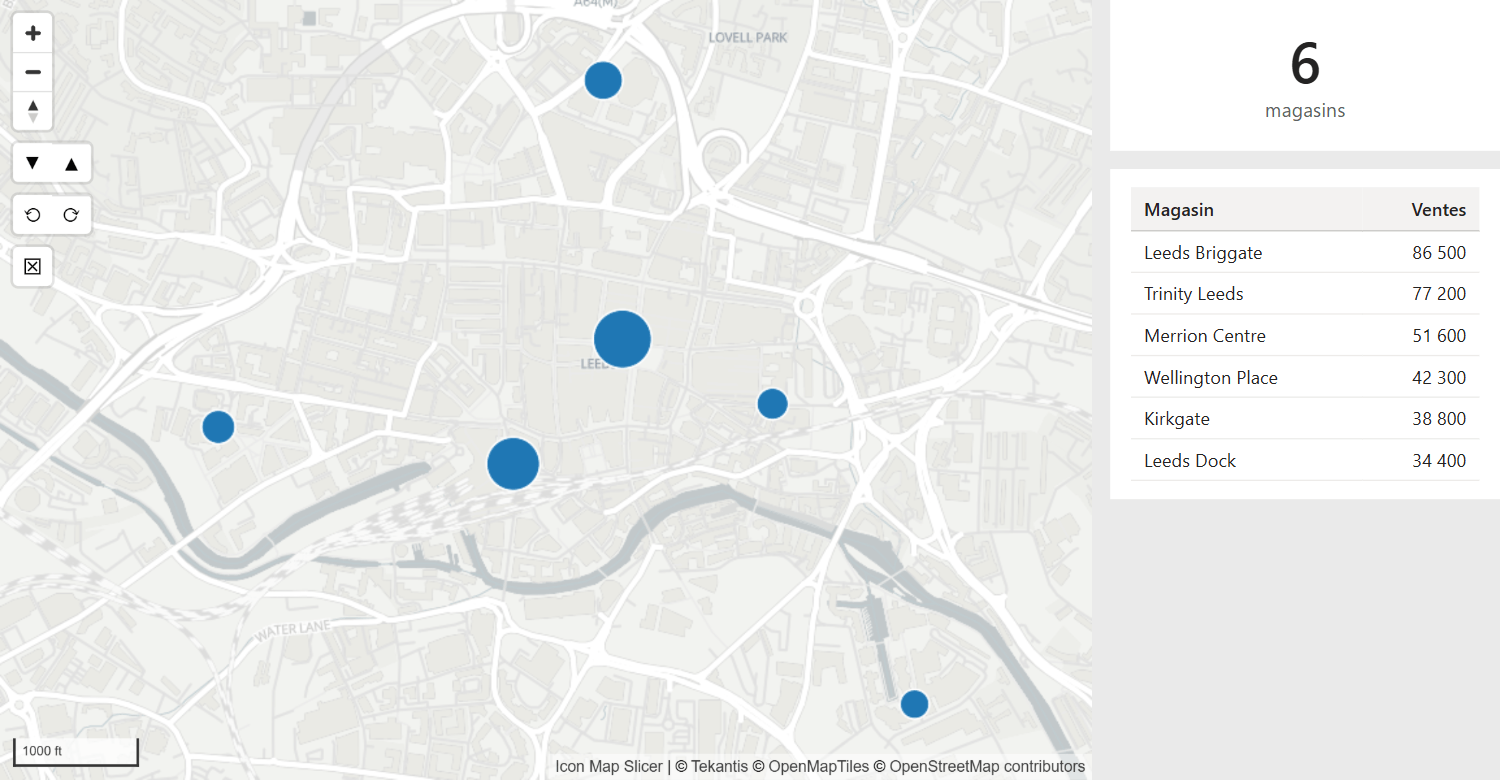 La carte zoomée sur une ville, à côté d'une table et d'un visuel Carte qui n'affichent que les magasins situés dans la vue de la carte