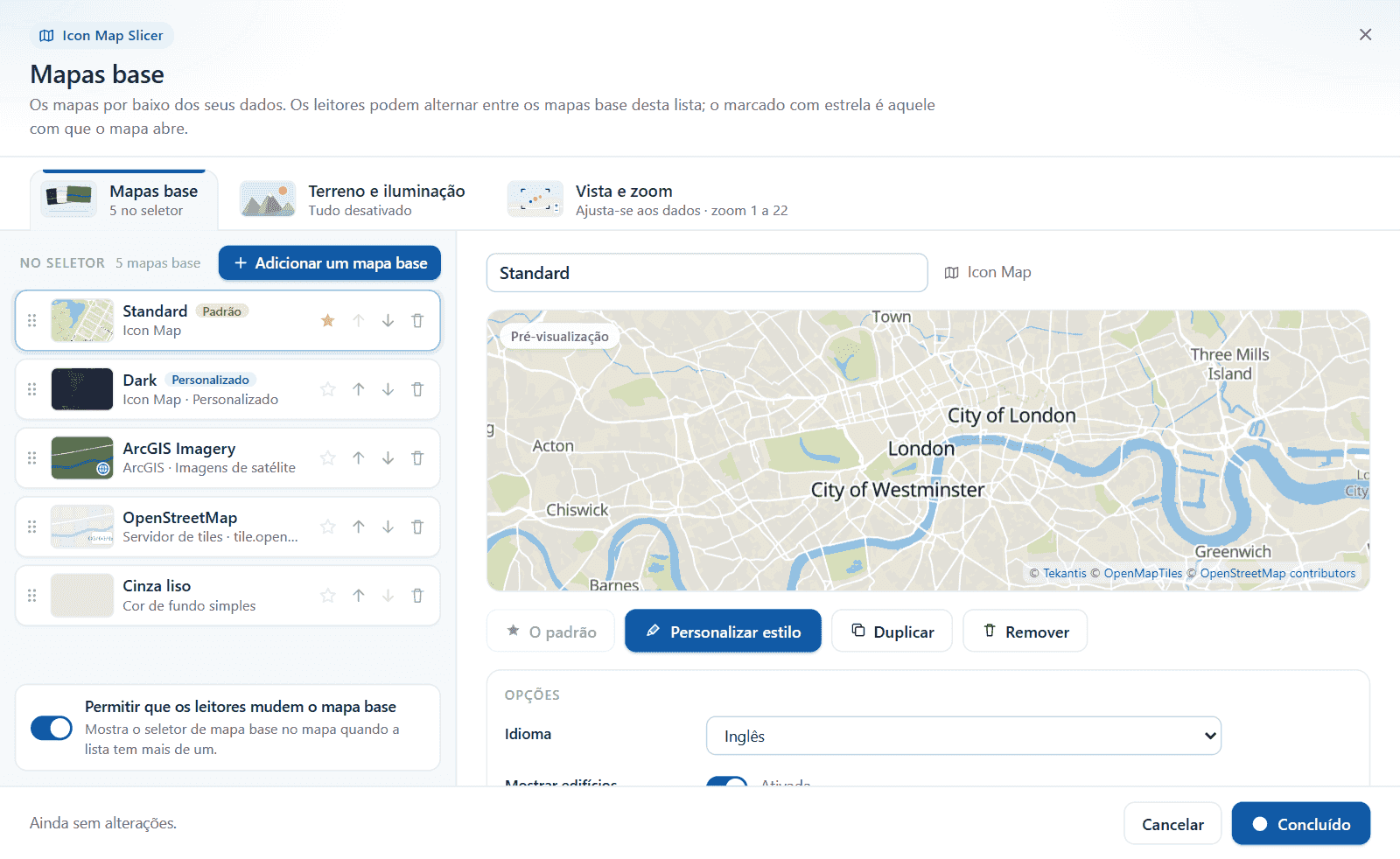 A caixa de diálogo Mapas base com uma lista de mapas base à esquerda e uma pré-visualização do mapa base selecionado à direita