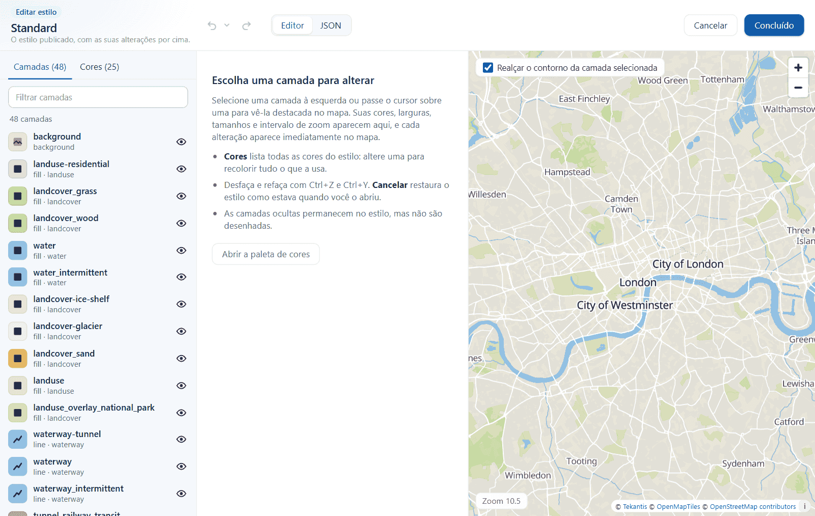 O editor de estilo: a lista de camadas à esquerda, as propriedades da camada selecionada no meio e um mapa de pré-visualização ao vivo à direita
