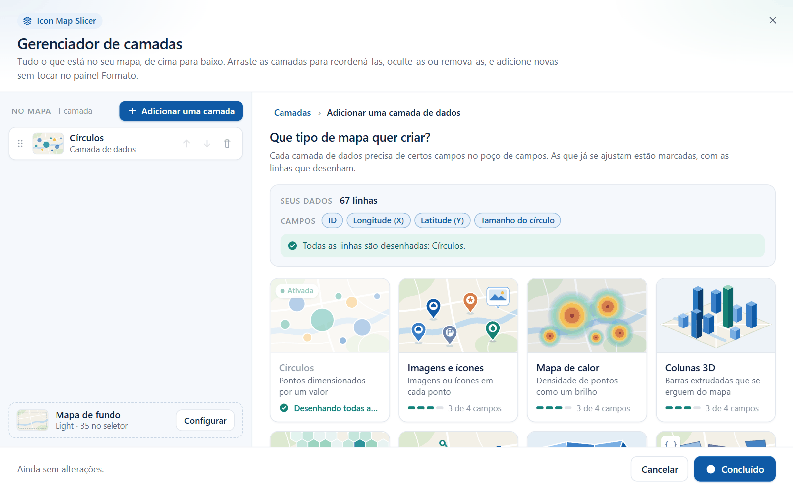 O seletor de camadas de dados do Gerenciador de camadas, com um bloco para cada tipo de camada