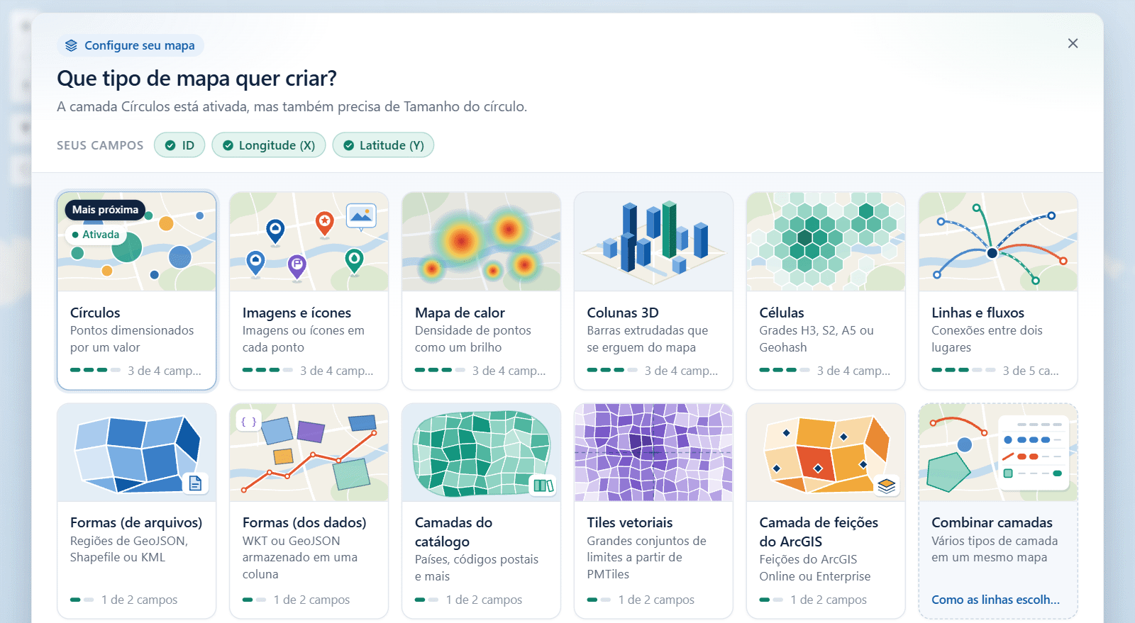 O guia de camadas sobre o mapa, com o título Que tipo de mapa quer criar e um bloco para cada tipo de camada